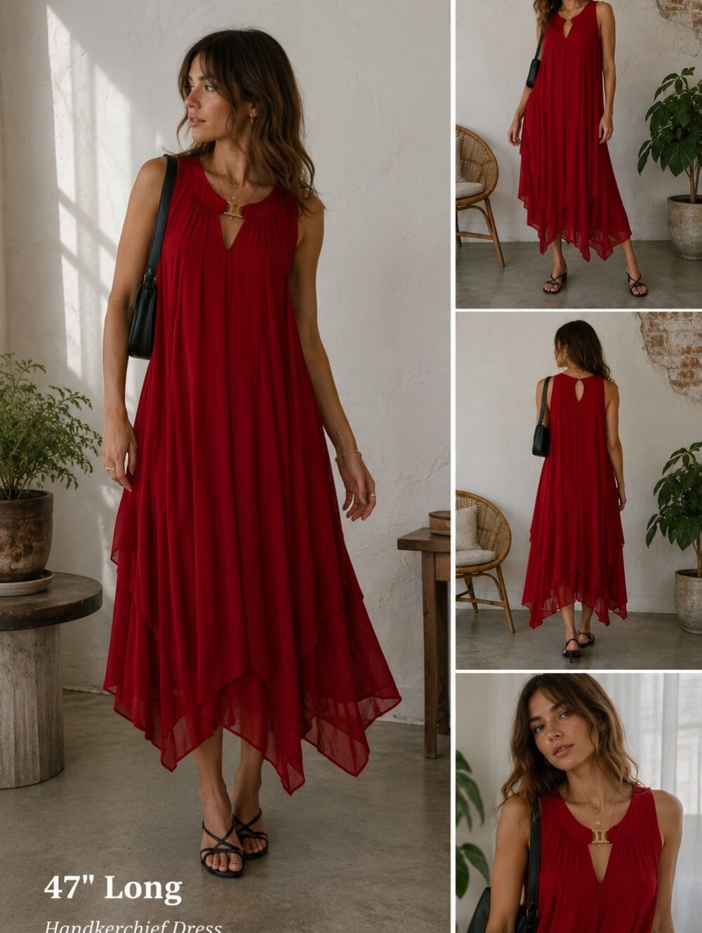 AUW Size 10 47" Long Red Handkerchief Dress